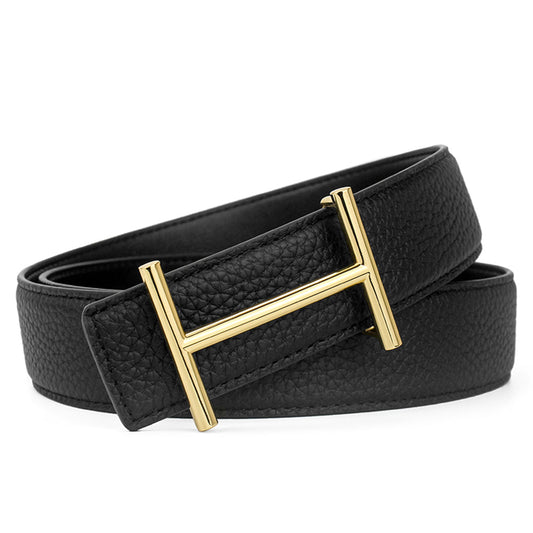 Herm* Slim Golden / Silver Logo - Black Cowhide Belt