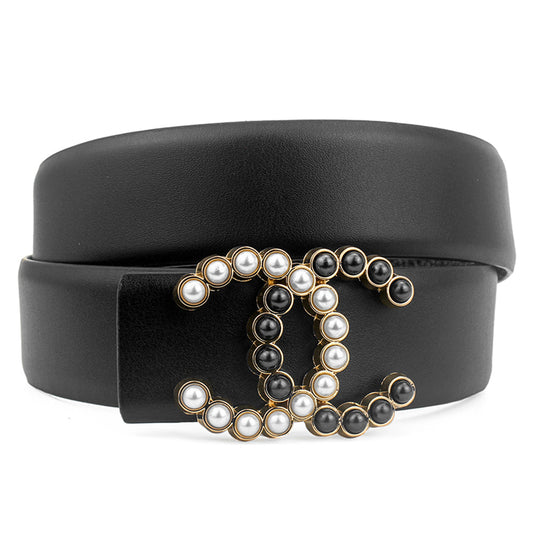 CC Black & White Pearl Logo - Black Cowhide Belt